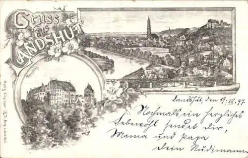 Litho Landshut in Niederbayern, Burg Trausnitz, Totalansicht