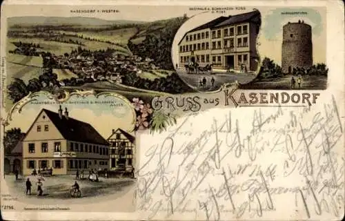 Litho Kasendorf in Oberfranken, Gasthaus zum schwarzen Ross, Marktbrunnen, Gasthaus