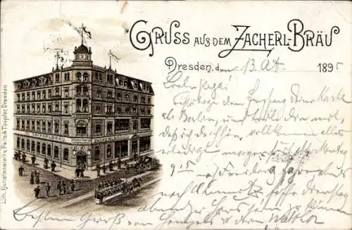 Vorläufer Litho Dresden Zentrum Altstadt, Zacherl Bräu, Pferdebahn, 1895