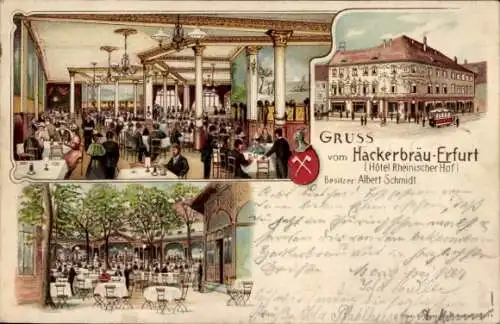 Litho Erfurt in Thüringen, Hackerbräu, Hotel Rheinischer Hof, Inh. Albert Schmidt