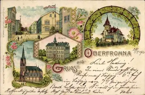 Litho Limbach Oberfrohna in Sachsen, Schule, Kirche, Villa