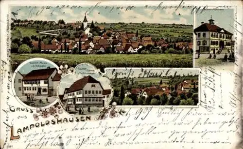 Litho Lampoldshausen Hardthausen Kocher BW, Totalansicht, Gasthof zum Hirsch, Schul- und Rathaus