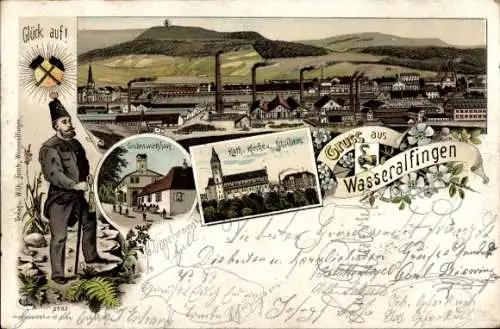 Litho Wasseralfingen Aalen im Ostalbkreis Württemberg, Grubenwirtschaft, Bergmann, Kirche, Schule