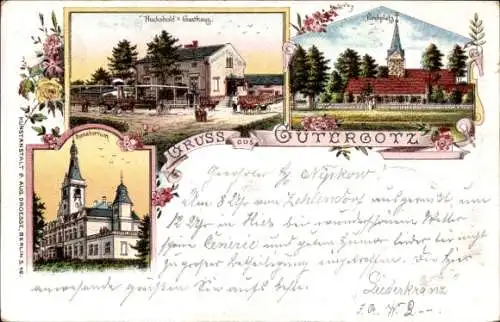 Litho Güterfelde Stahnsdorf in Brandenburg, Gütergotz, Huckshold's Gasthaus, Sanatorium, Kirchplatz