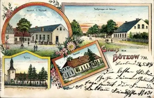 Litho Bötzow Oberkrämer im Havelland, Gasthof, Dorfstraße, Schule, Kirche