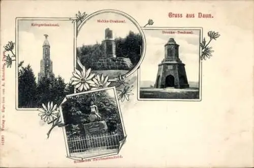 Ak Daun in der Eifel, Kriegerdenkmal, Moltke-Denkmal, Dronke-Denkmal