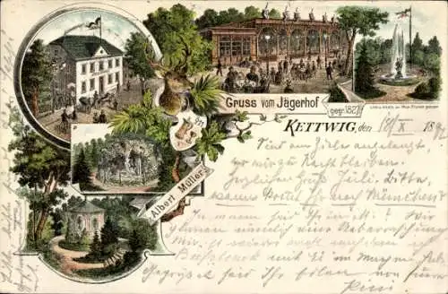 Litho Kettwig Essen im Ruhrgebiet, Gasthaus Jägerhof, Springbrunnen, Grotte