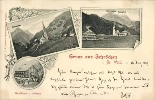 Ak Schröcken Vorarlberg, Gasthaus zum Ochsen, Kirche, Totalansicht