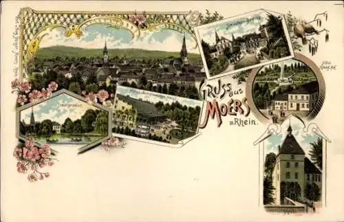 Litho Moers am Niederrhein, Stadtgraben, Steintor Brücke, Hotel, Schloss