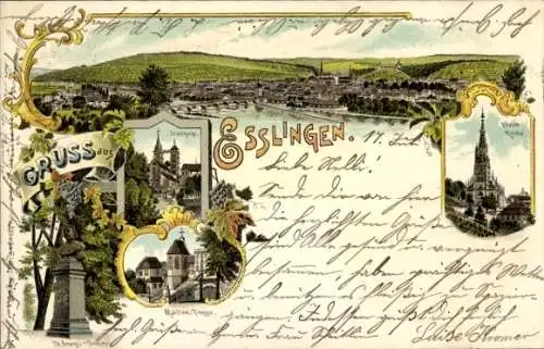 Litho Esslingen am Neckar, Kirche, Totalansicht, Denkmal