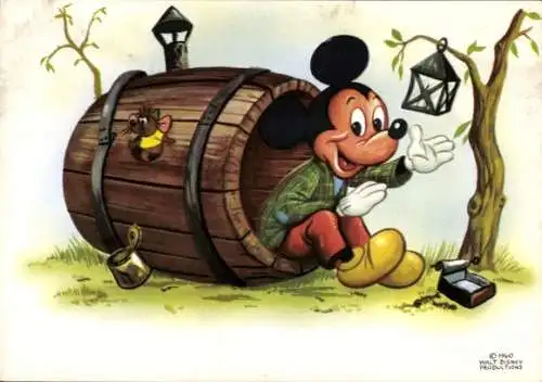 Künstler Ak Walt Disney, Micky Maus, Fass, Landstreicher