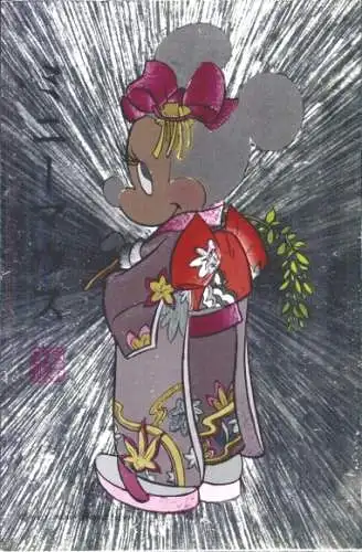 Künstler Ak Walt Disney, Minnie Maus in japanischem Kimono