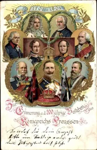 Präge Litho 200 Jahre Königreich Preußen 1701-1901, Kaiser Wilhelm II, König Friedrich II