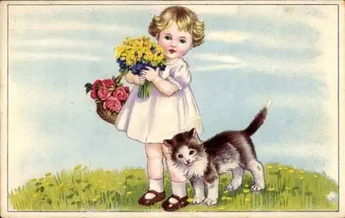 Künstler Ak Mädchen mit Blumen und Katze auf einer Wiese