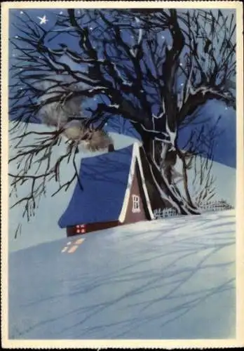 Ak Winteridyll, Haus im Schnee, Nachtszene, Eduscho Reklame
