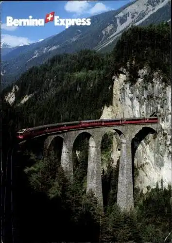 Ak Schweizer Eisenbahn, Bernina Express, Landwasser Viadukt bei Filisur