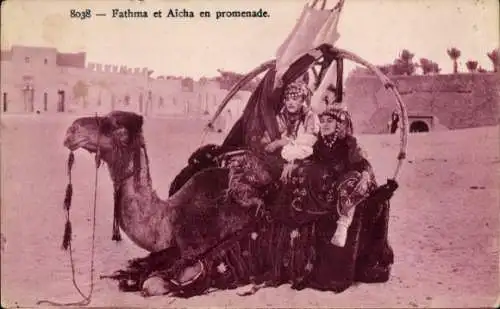 Ak Araberinnen Fathma und Aicha, Promenade, Kamel