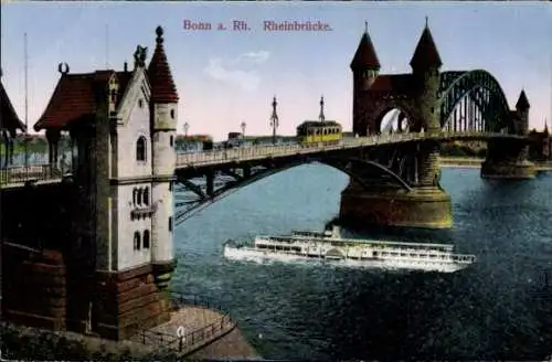 Ak Bonn am Rhein, Rheinbrücke, Straßenbahn, Dampfer