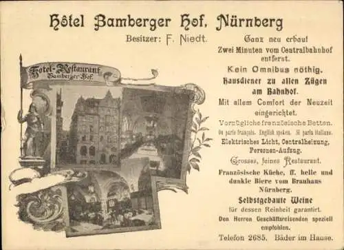 Stadtplan Ak Nürnberg in Mittelfranken, Hotel Bamberger Hof, Außenansicht, Innenräume