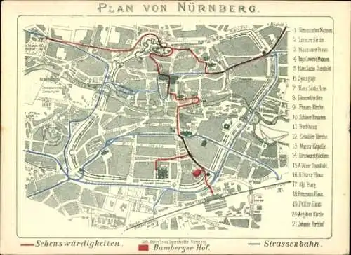 Stadtplan Ak Nürnberg in Mittelfranken, Hotel Bamberger Hof, Außenansicht, Innenräume