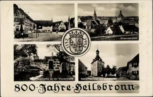 Ak Heilsbronn in Mittelfranken, Gesamtansicht, Marktplatz, Katharinenturm, Klostermühle
