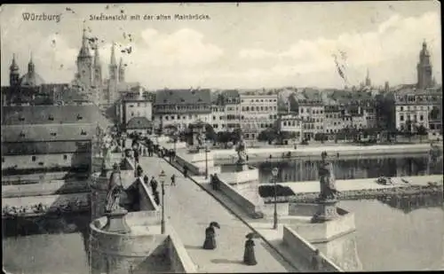 Ak Würzburg am Main Unterfranken, Stadtansicht, alte Mainbrücke