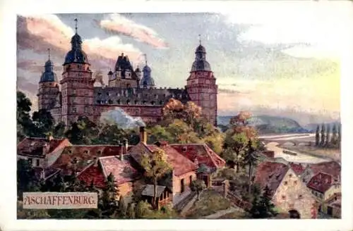 Künstler Ak Aschaffenburg in Unterfranken, Teilansicht, Schloss