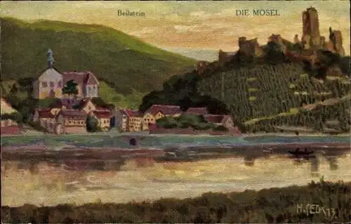 Ak Beilstein an der Mosel, Teilansicht, Burg