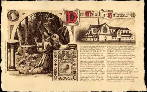 Litho Königswinter am Rhein, Kloster Heisterbach, Mönch