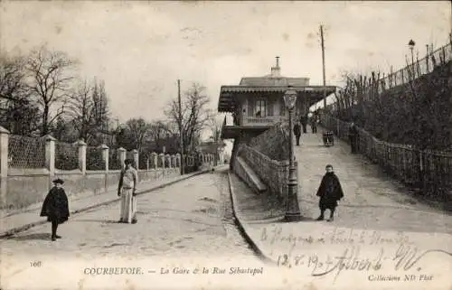 Ak Courbevoie Hauts de Seine, La Gare und Rue Sébastopol