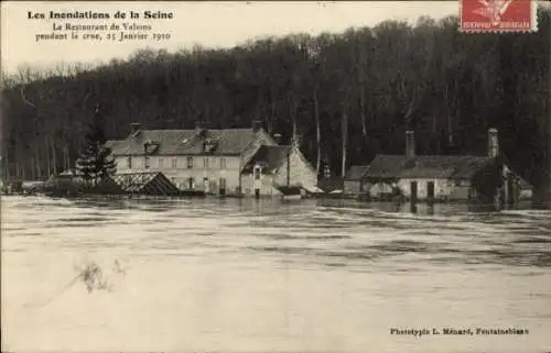 Ak Fontainebleau Seine et Marne, Überschwemmung der Seine 1910, Restaurant Valvins