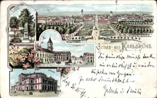 Litho Karlsruhe in Baden Württemberg, Marktplatz, Kriegerdenkmal, Hoftheater, Panorama