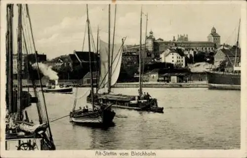 Ak Szczecin Stettin Pommern, Stadt vom Bleichholm, Boote