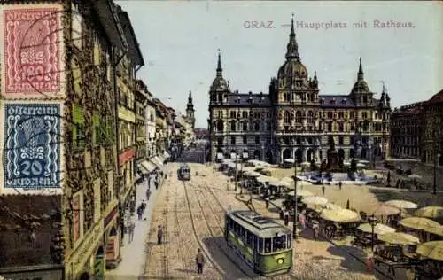 Ak Graz Steiermark, Hauptplatz, Rathaus, Straßenbahn