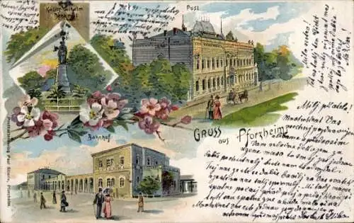 Litho Pforzheim im Schwarzwald, Bahnhof, Kaiser Wilhelm Denkmal, Post