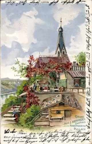 Litho Pullach im Isartal Oberbayern, Gasthaus zum Rabenwirth, J. Heppner