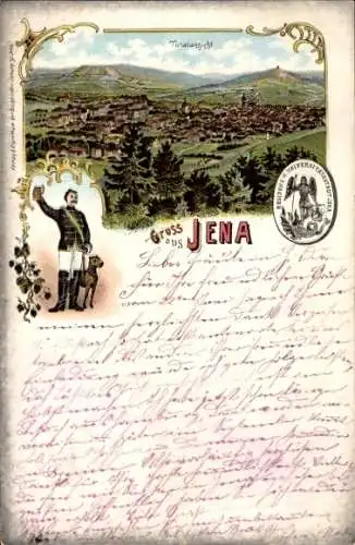 Studentika Litho Jena in Thüringen, Residenz- und Universitätsstadt, Student mit Hund, Totale