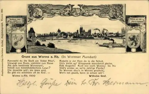 Ak Worms am Rhein, Gesamtansicht, Wappen, Gedicht in Mundart, Wilhelm Graf