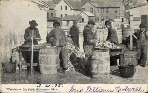 Ak Gloucester Massachusetts USA, Fische, Fässer, Händler