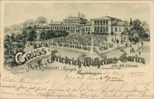 Litho Magdeburg an der Elbe, Friedrich Wilhelms Garten, Parkrestaurant