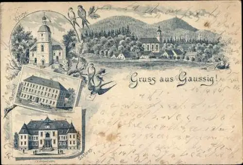 Vorläufer Litho Gaußig in der Oberlausitz, Kirche, Gasthof, Schloss, Totalansicht, 1894