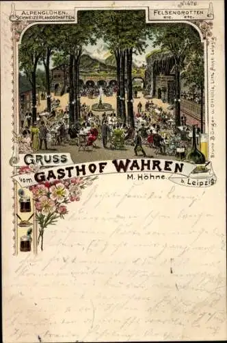 Litho Wahren Leipzig in Sachsen, Gasthof von M. Höhne, Felsengrotten