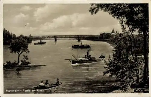 Ak Mannheim in Baden, Rhein, Brücke, Schiffe