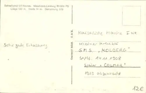 Ak Deutsches Kriegsschiff, SMS Kolberg, geschützter Kreuzer