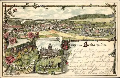 Litho Bad Berka in Thüringen, Gesamtansicht, Harth, Wilhelmsburg