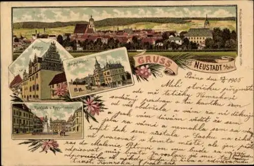 Litho Neustadt an der Orla, Totalansicht, Rathaus, Bahnhofstraße, Marktplatz, Kriegerdenkmal