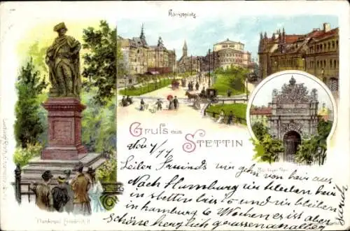 Litho Szczecin Stettin Pommern, Königsplatz, Denkmal Friedrich II, Berliner Tor, Jacobskirche