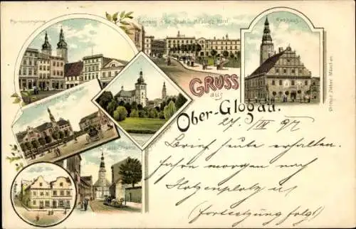 Litho Głogów Glogau Schlesien, Rathaus, Hotel, Seminar, Pfarrkirche