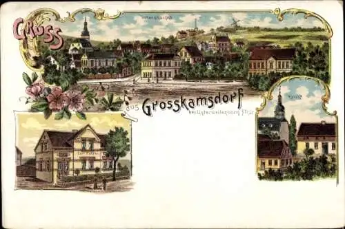 Litho Großkamsdorf Kamsdorf in Thüringen, Gesamtansicht, Kirche