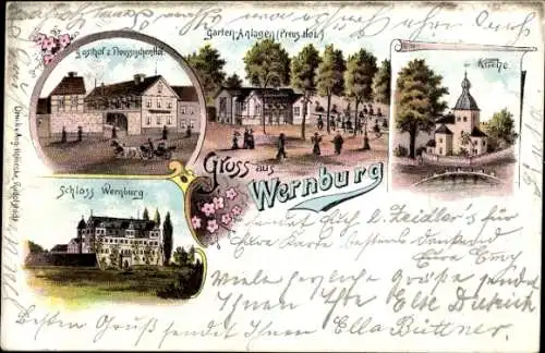 Litho Wernburg bei Pößneck, Schloss, Kirche, Gasthof zum Preußischenhof